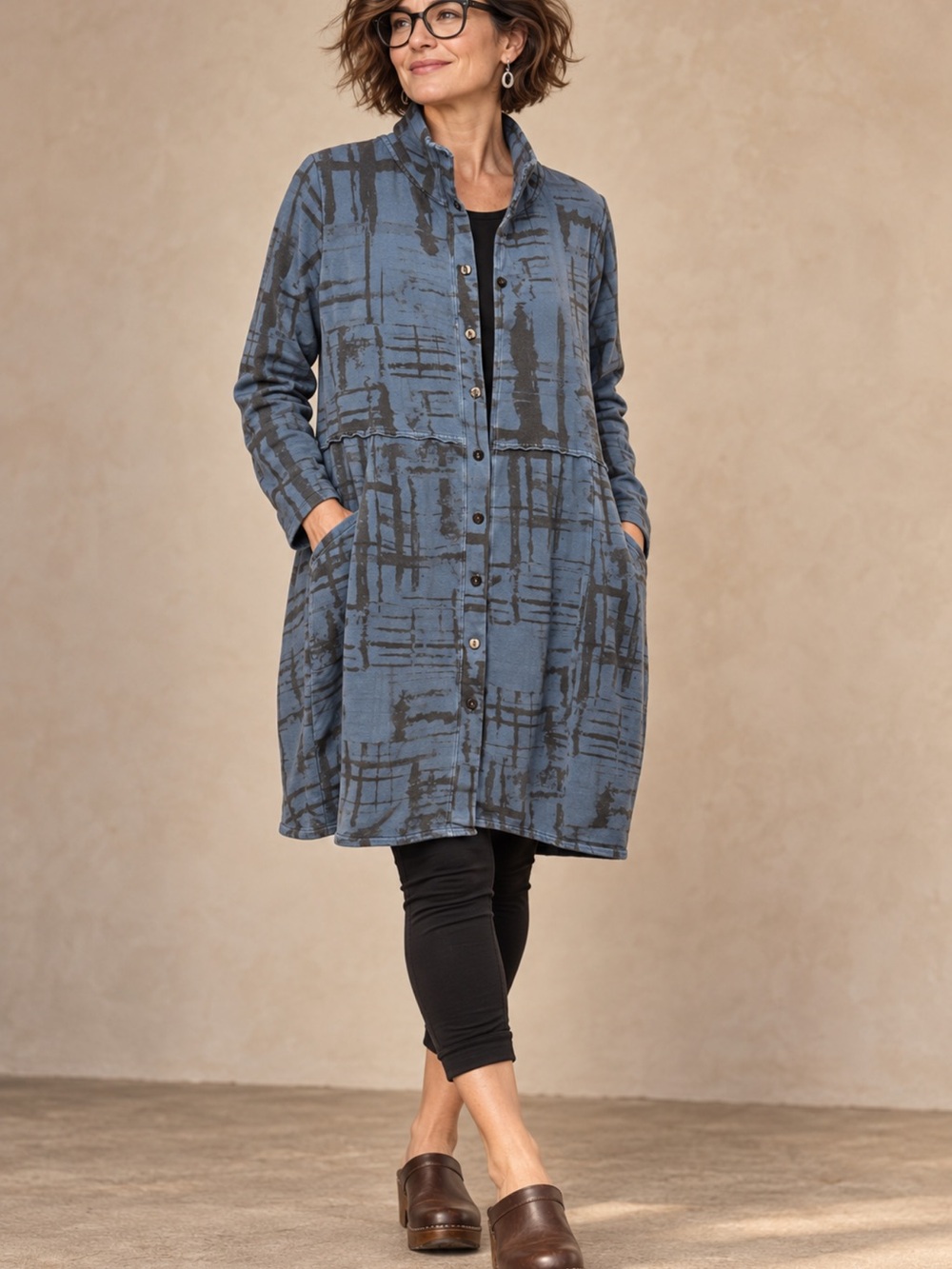 Lagenlook Art to Wear Long Jacket Fenini Blue Abstract Print L